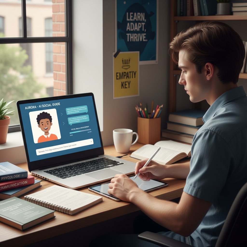 Osoba prowadząca rozmowę z symulatorem osobowości AI na laptopie, edukacja, słowa kluczowe AI kompetencje społeczne