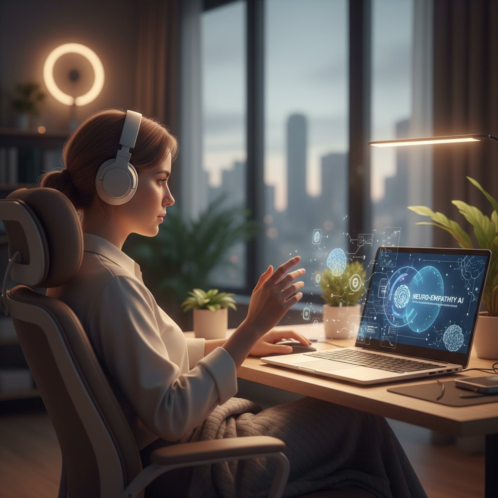 Osoba korzystająca z platformy AI do wsparcia emocjonalnego i treningu mózgu, ekran laptopa z widocznymi ćwiczeniami