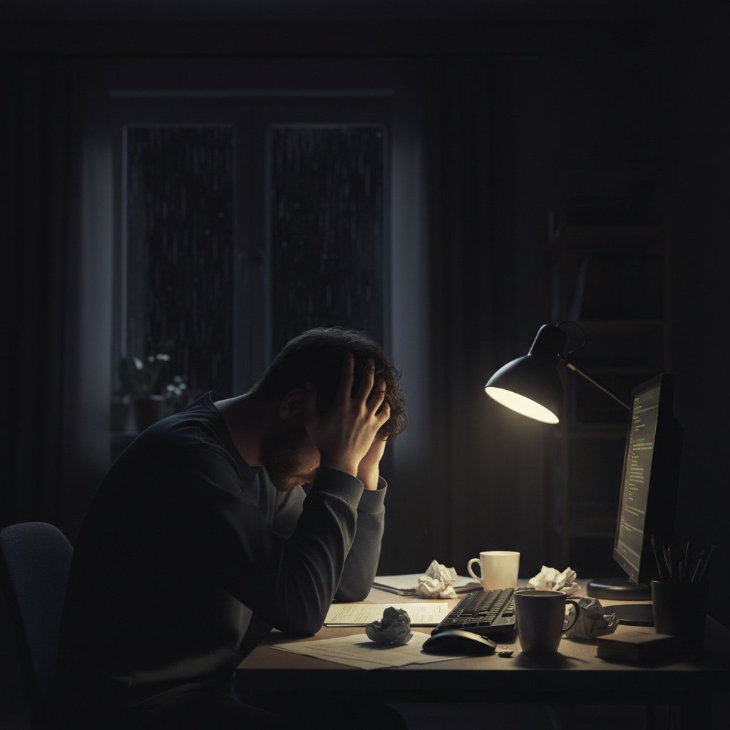 Osoba samotnie siedząca przy biurku z laptopem, wokół ciemność i przytłoczenie – zagrożenia samopomocy