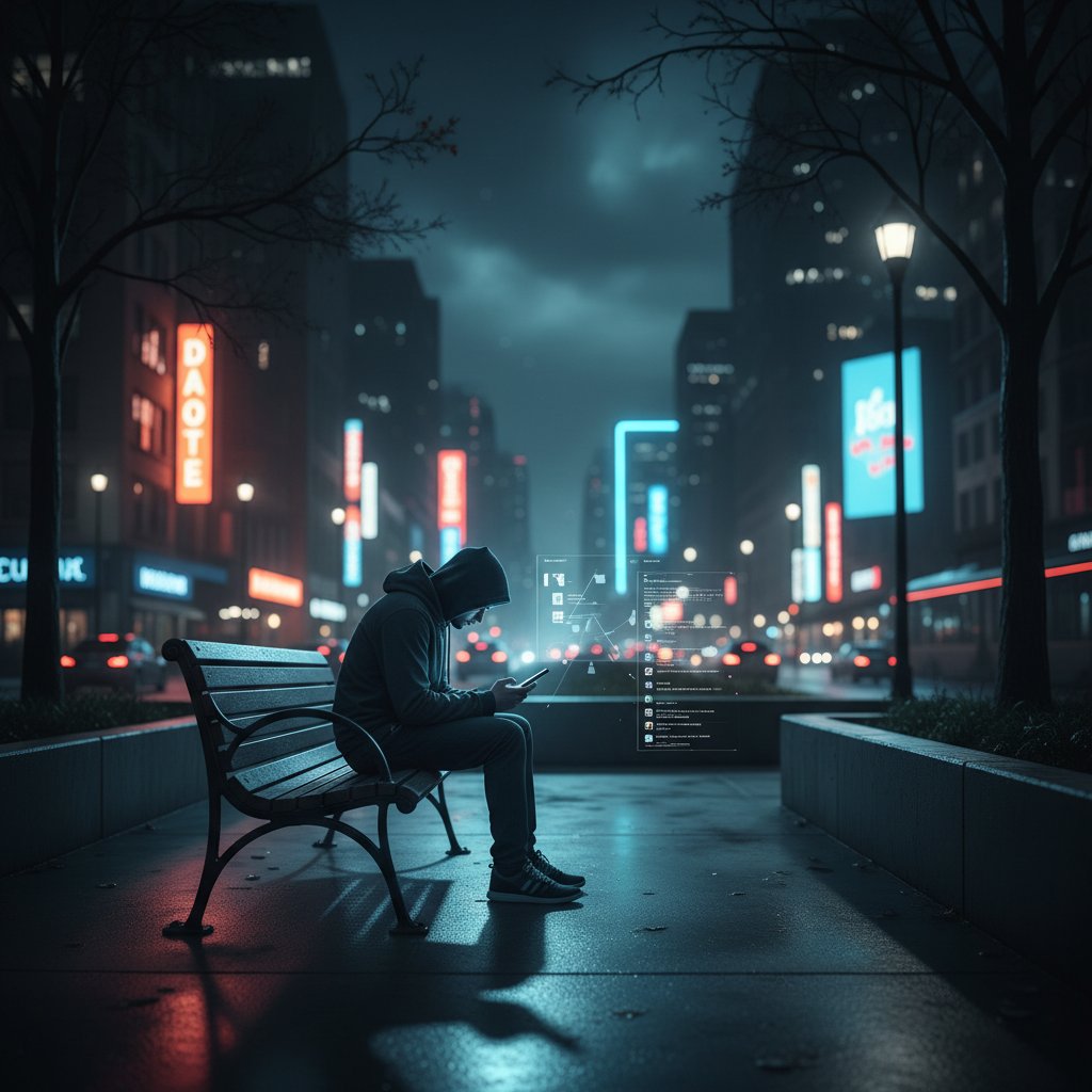 Osoba siedząca samotnie z telefonem, światło ekranu odbija się na twarzy – symbol cyfrowej samotności