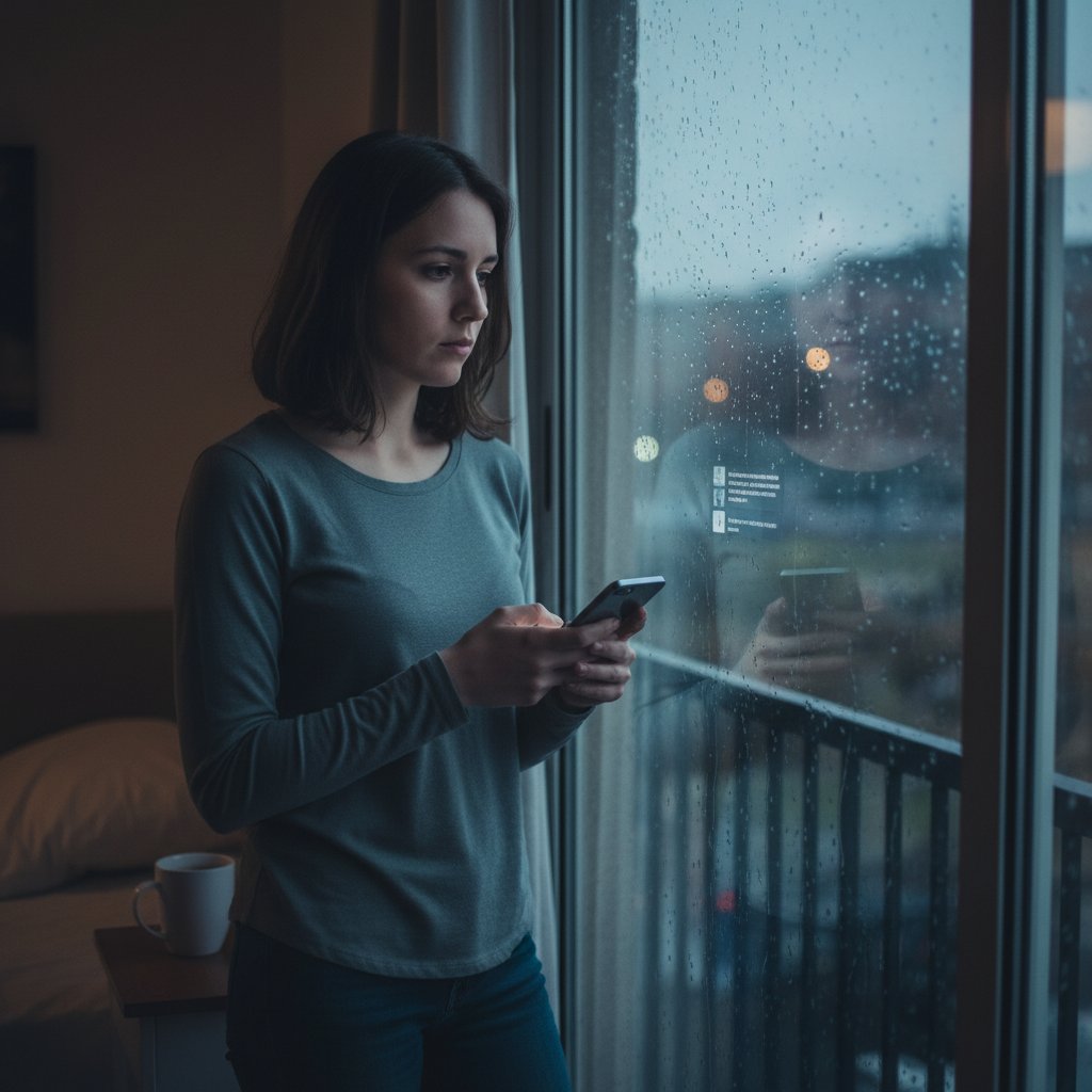 Osoba siedząca samotnie z telefonem przy oknie, atmosfera refleksji i tęsknoty za prawdziwą rozmową