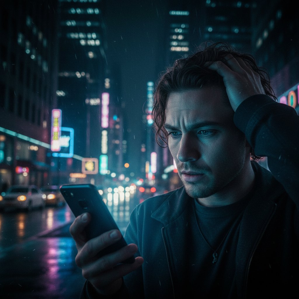 Osoba z niepokojem przeglądająca wyniki badań na telefonie nocą – lęk, cyberchondria a badania hormonalne