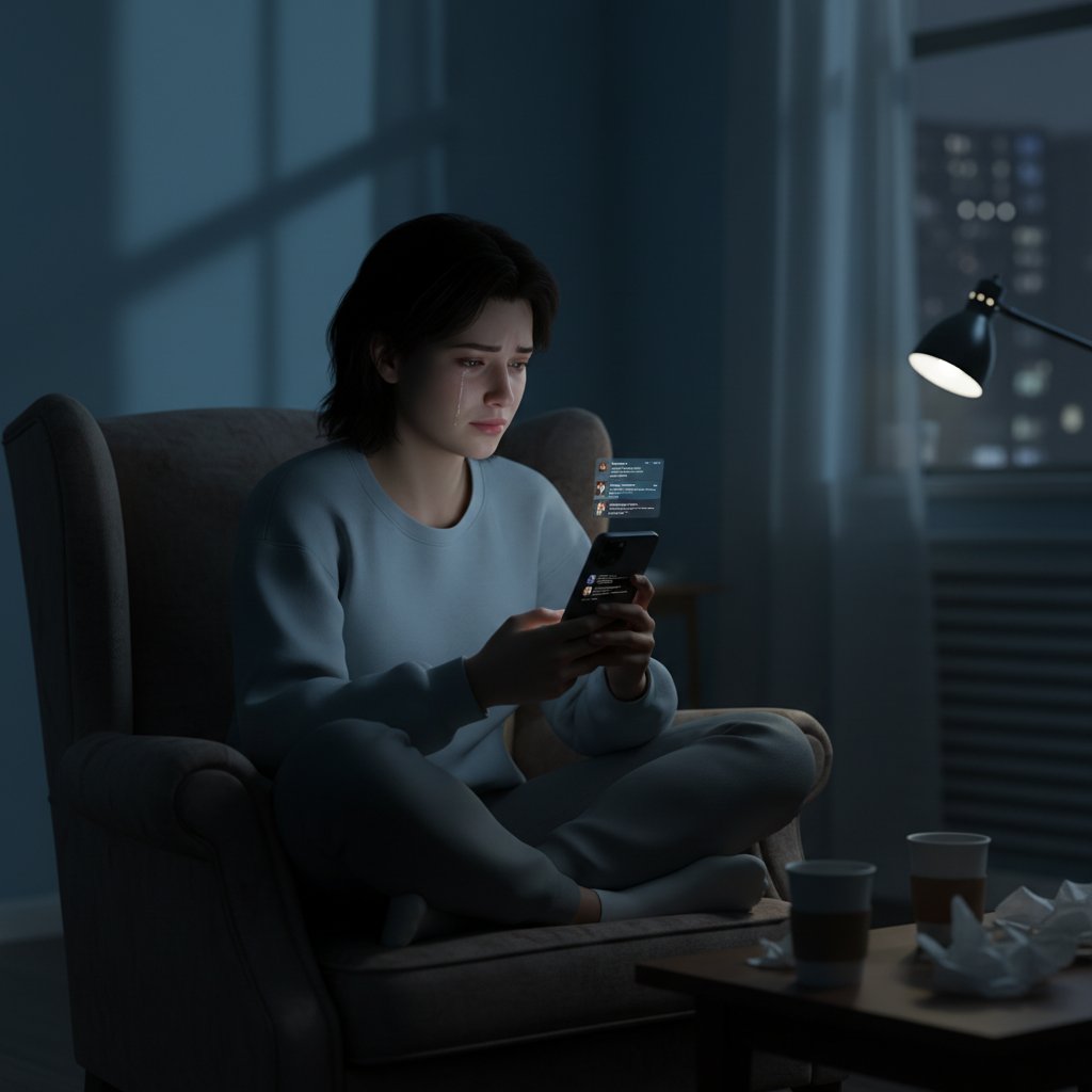 Emotionale Achterbahn: Person alleine im Zimmer, Smartphone im Fokus, Gesicht nachdenklich