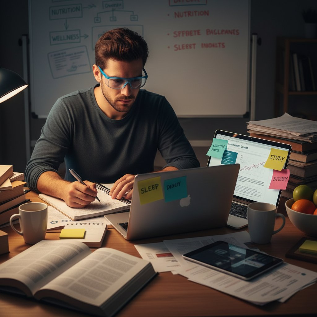 Osoba analizująca notatki i artykuły zdrowotne, skupienie na twarzy, otwarte książki
