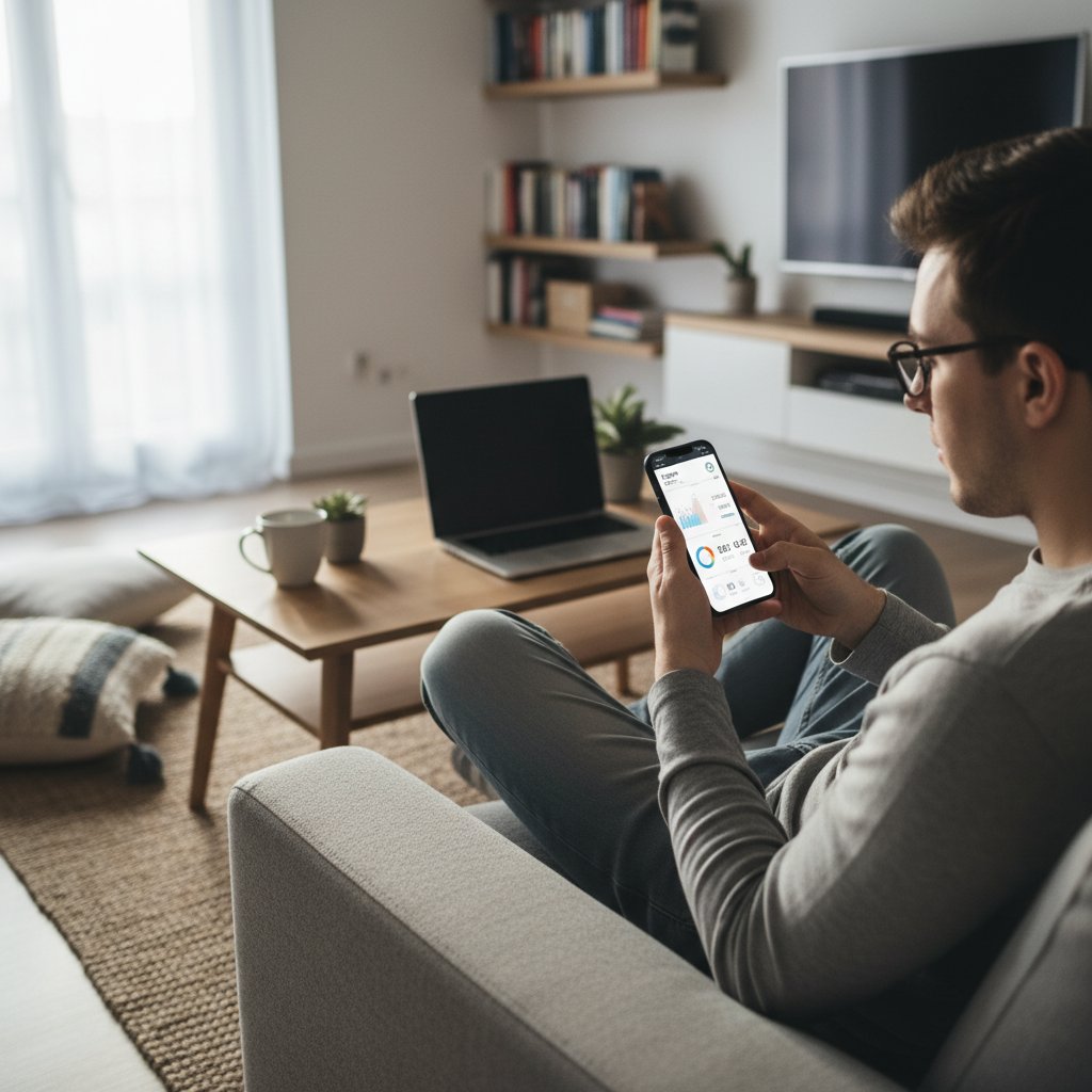Osoba analizująca dane zdrowotne na smartfonie w domowym zaciszu