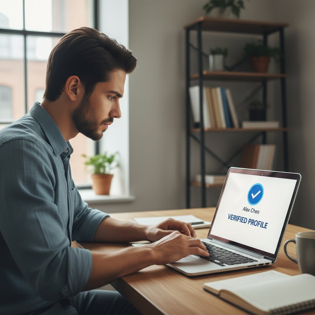 Osoba analizująca podejrzaną wiadomość na laptopie, na ekranie widoczny profil z niebieskim znaczkiem weryfikacji