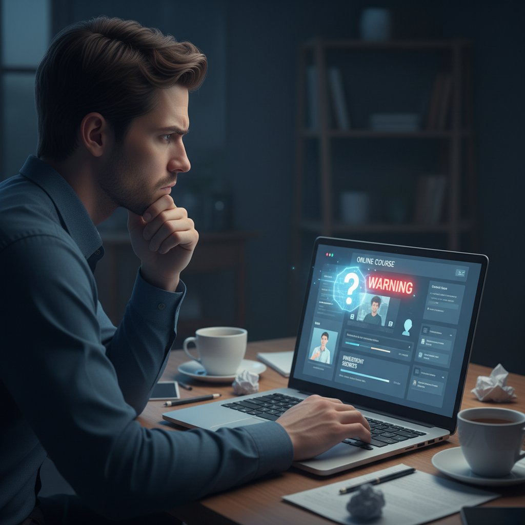 Osoba analizująca warunki kursu prawa handlowego online na laptopie, patrząca z nieufnością na ekran