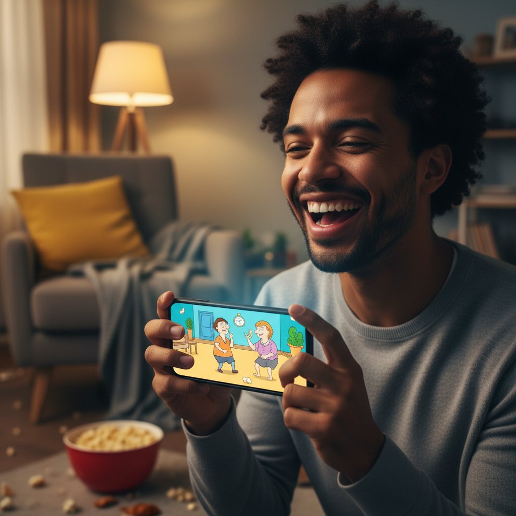 Osoba analizująca telefon podczas oglądania serialu komediowego, radosny wyraz twarzy, domowy klimat