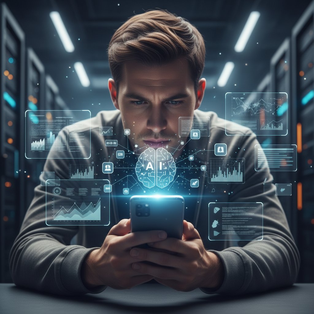 Osoba analizująca różne aplikacje AI na smartfonie