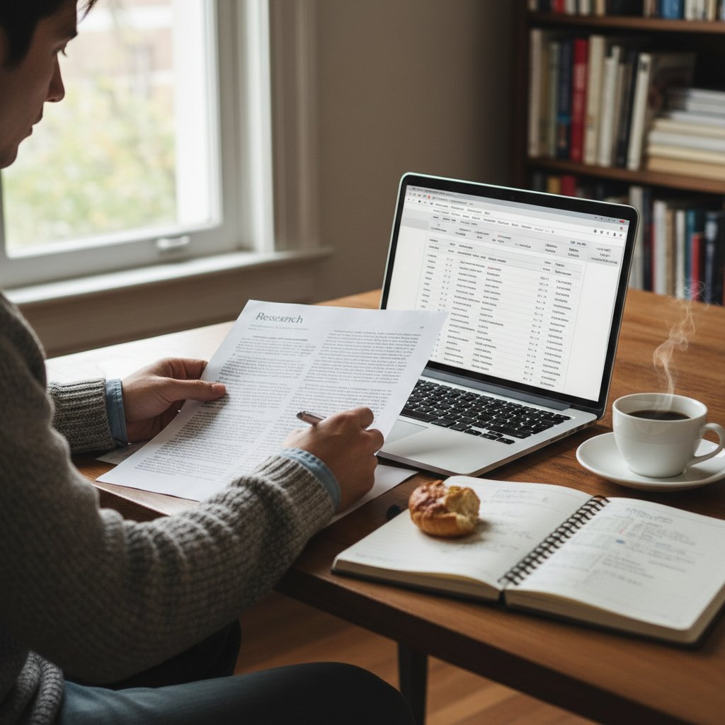Kolaż: osoba analizuje artykuł na laptopie, z notatnikiem i kubkiem kawy