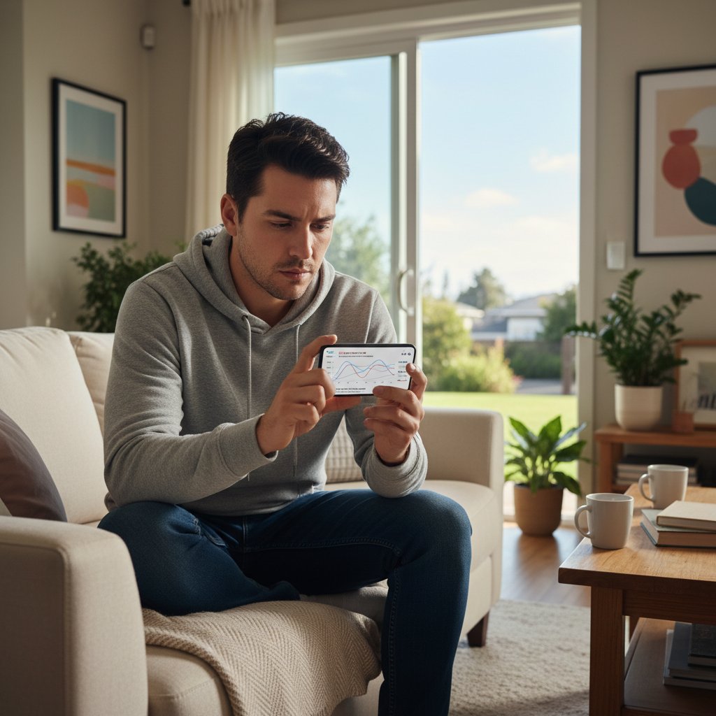 Osoba analizująca wykresy ciśnienia na smartfonie w domowym otoczeniu, słowa kluczowe: monitoring ciśnienia, aplikacja zdrowotna, smart home