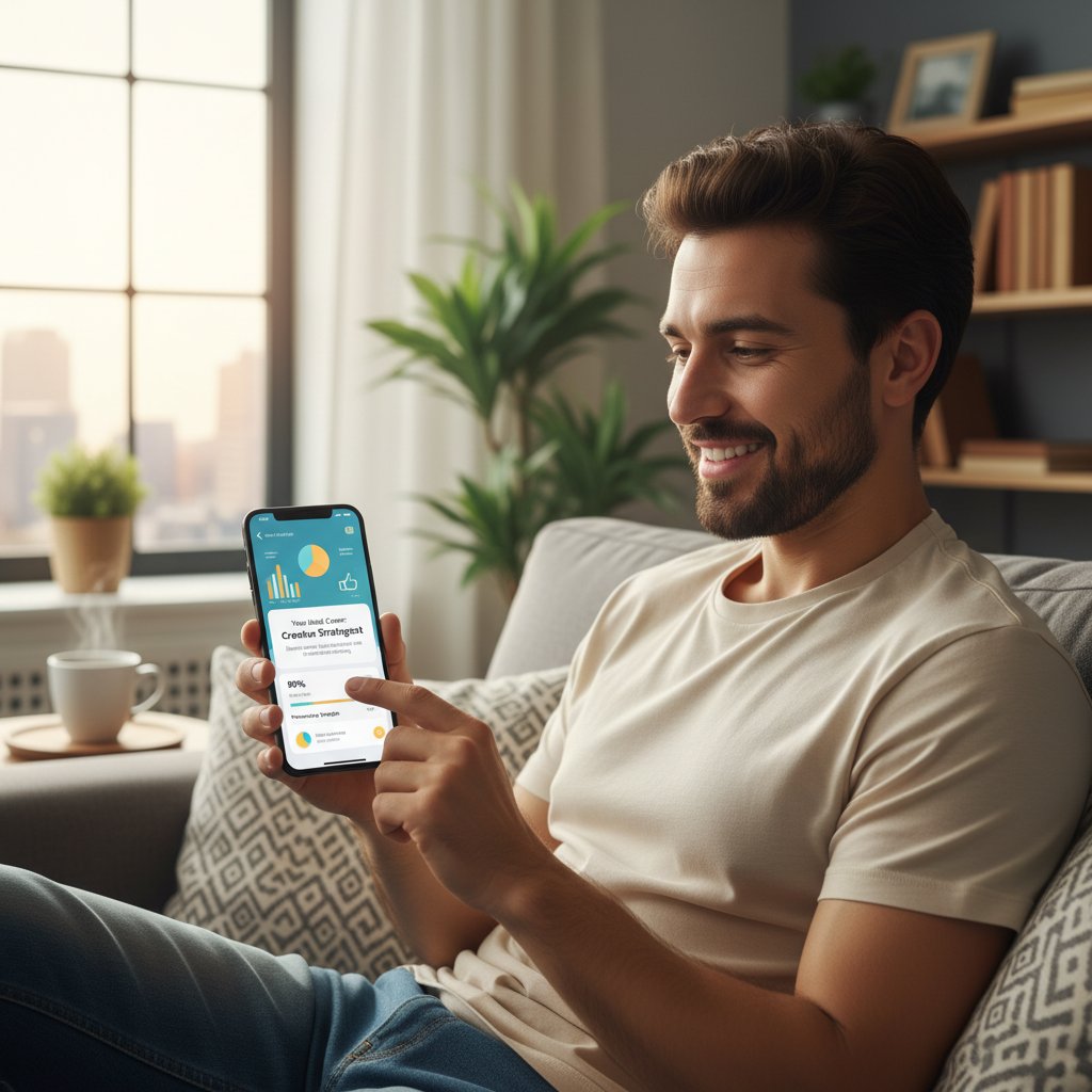 Zdjęcie osoby analizującej wyniki na wykresie w aplikacji kariery, z widocznym zadowoleniem