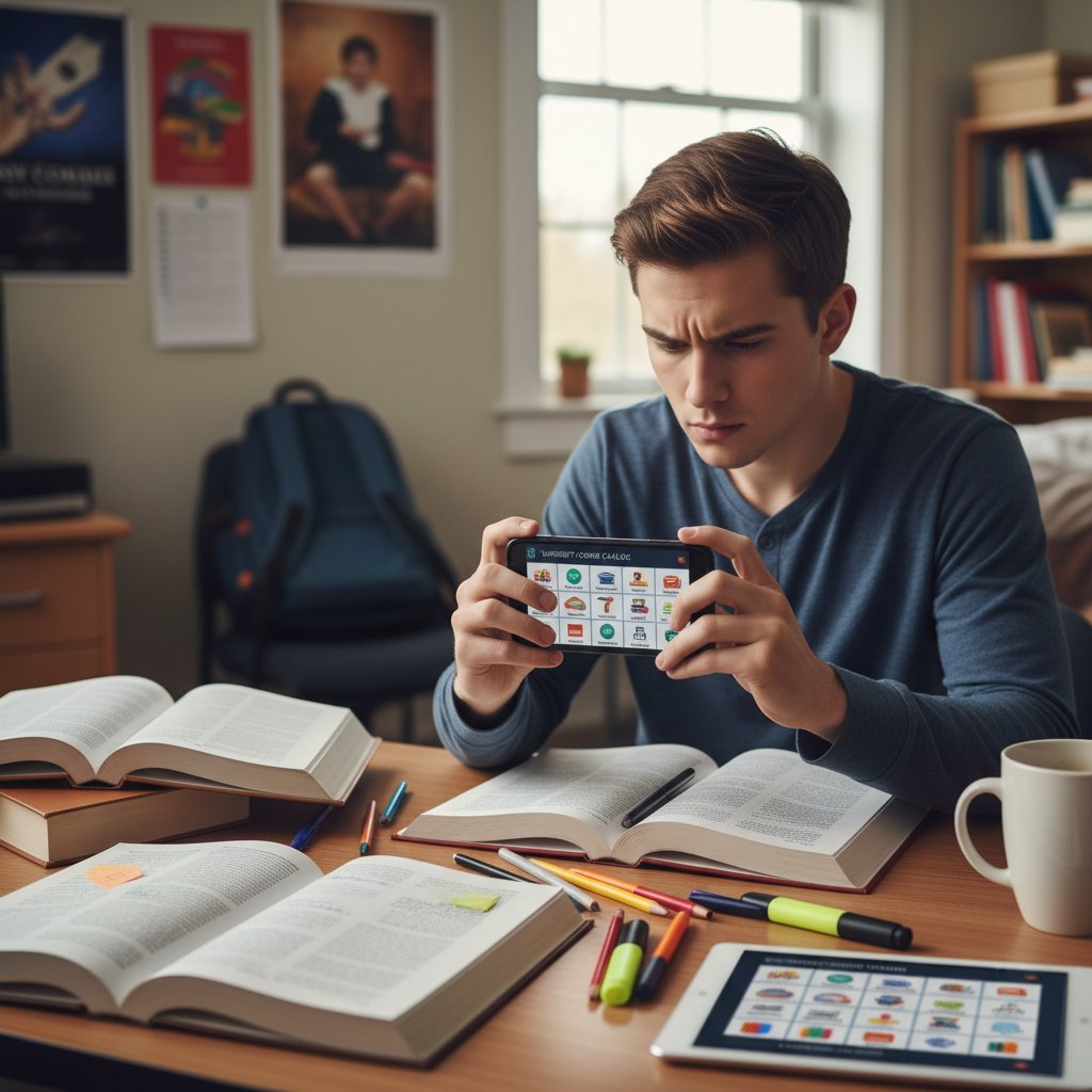 Osoba analizuje ofertę kursów na smartfonie, wokół notatki i przybory do nauki