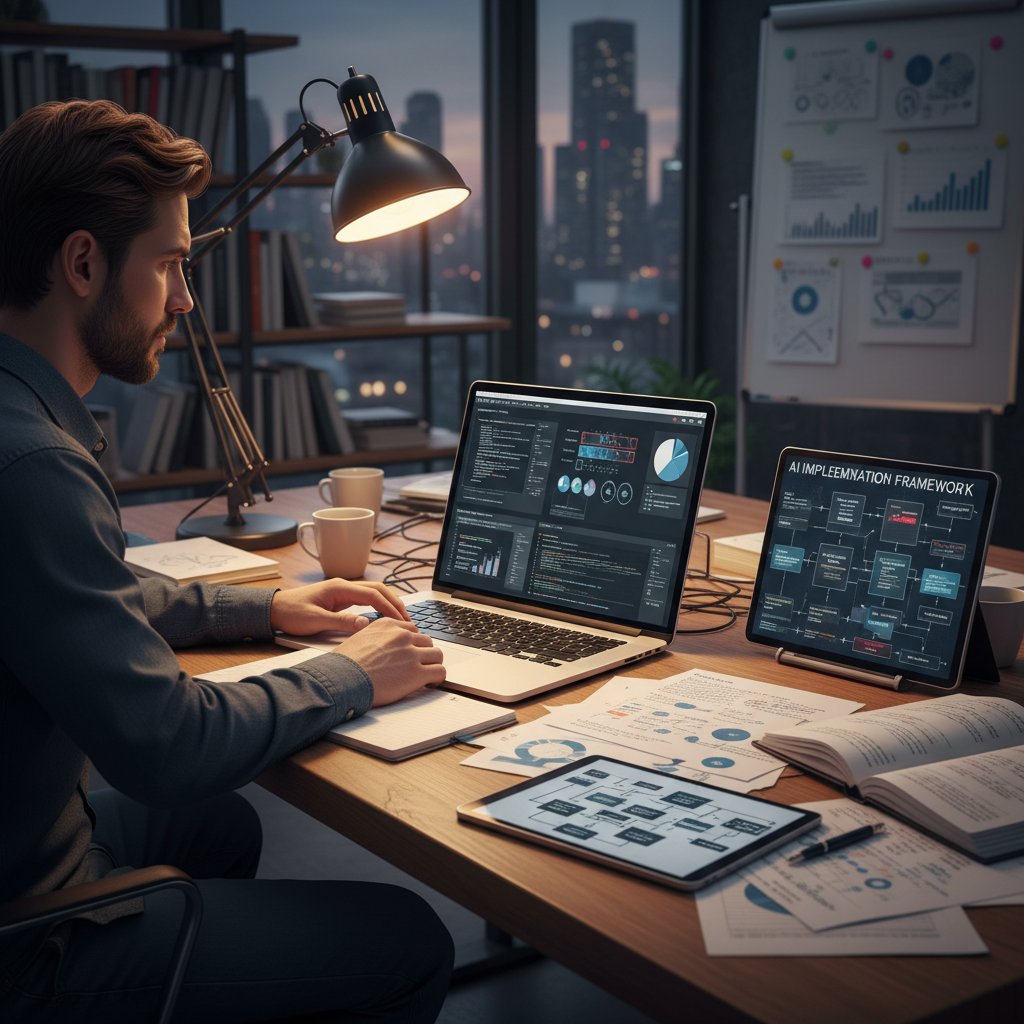 Osoba analizująca dane na ekranie laptopa, obok notatki z krokami wdrożenia AI