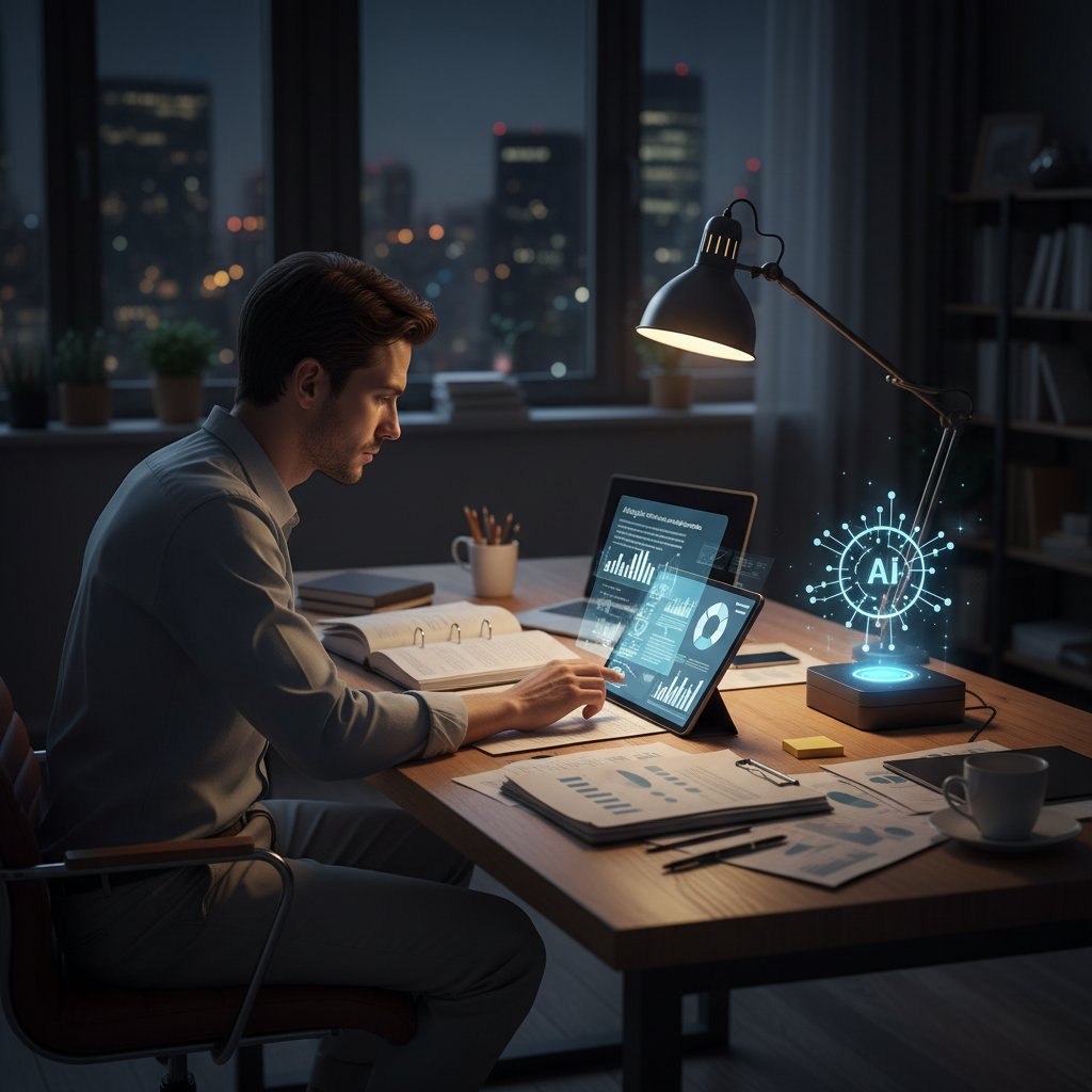 Osoba analizująca dokumenty i porównująca oferty AI, biurko z komputerem i notatkami, klimat wieczorowy