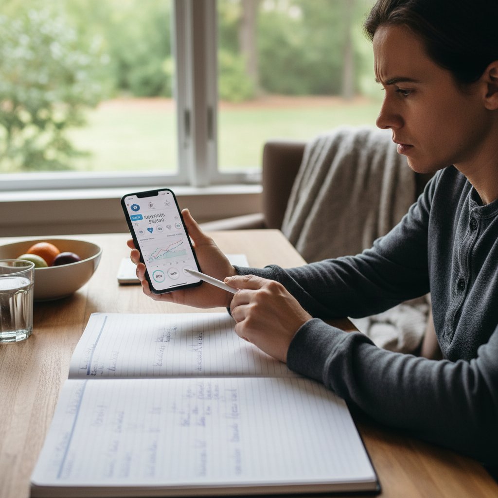 Osoba analizująca wyniki zdrowotne na smartfonie, notatnik obok, dynamiczna scena domowa