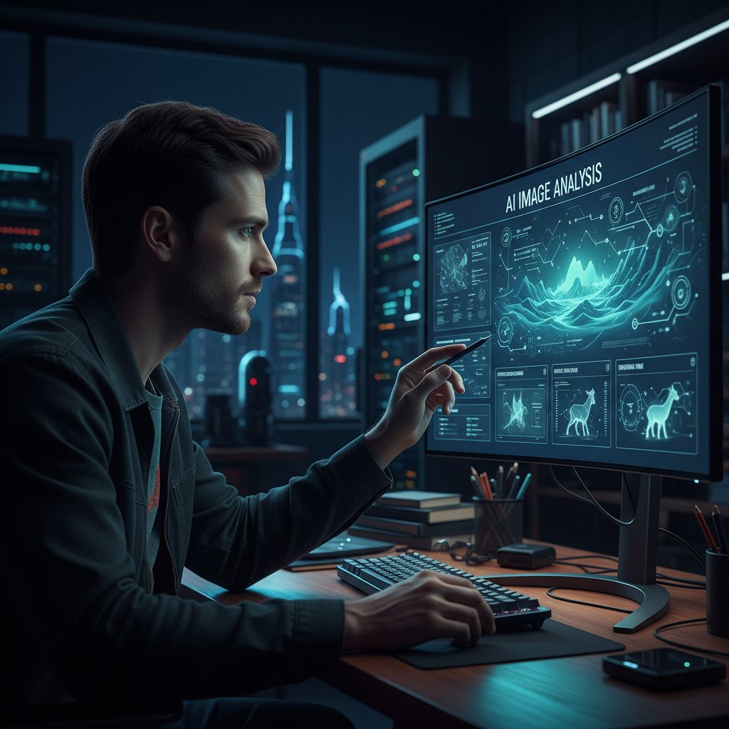 Zdjęcie osoby analizującej obraz na ekranie komputera z elementami interfejsu AI
