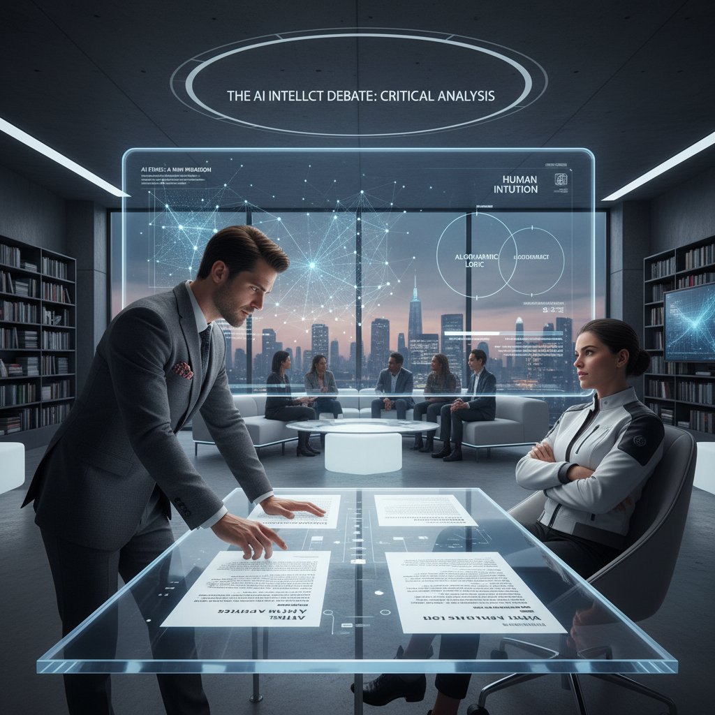 Osoba analizująca artykuły na inteligencja.ai w nowoczesnym wnętrzu, symbolizująca krytyczną debatę o etyce AI