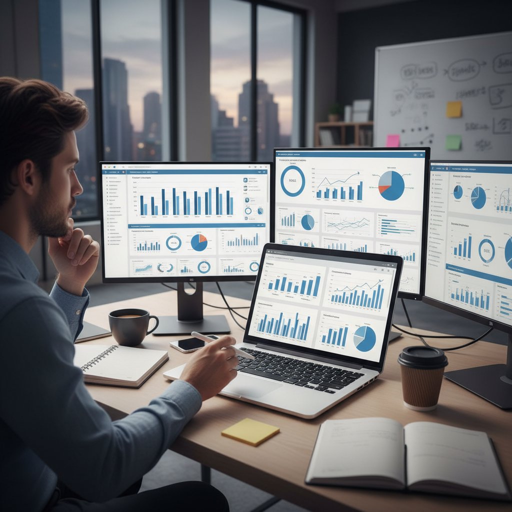 Osoba analizująca efekty projektów marketingowych na laptopie, wykresy i notatki