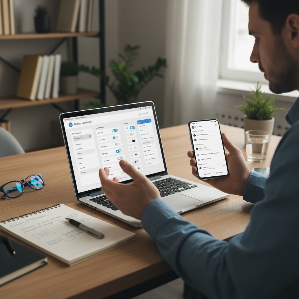 Zdjęcie osoby analizującej ustawienia prywatności na laptopie, z notatnikiem i telefonem obok