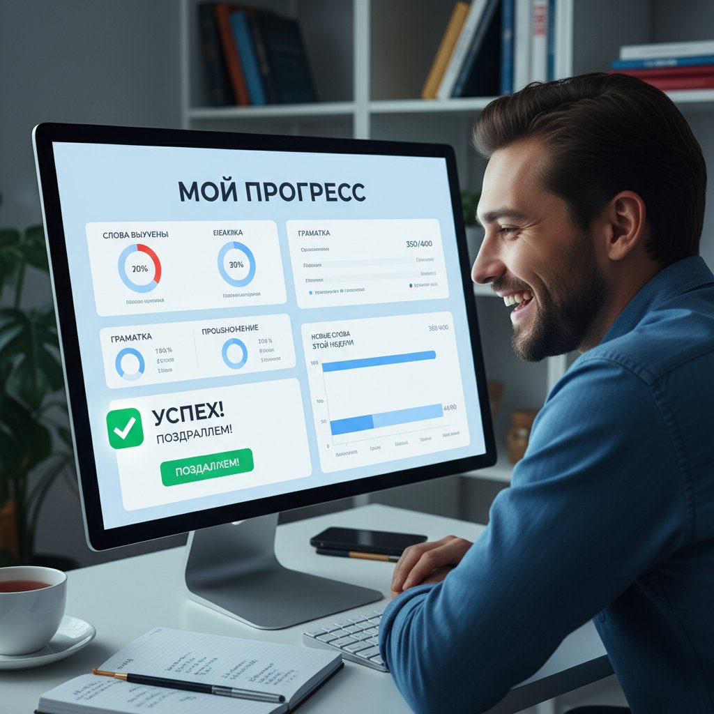 Osoba z satysfakcją analizująca swoje postępy w nauce rosyjskiego, ekran z wynikami, uśmiech