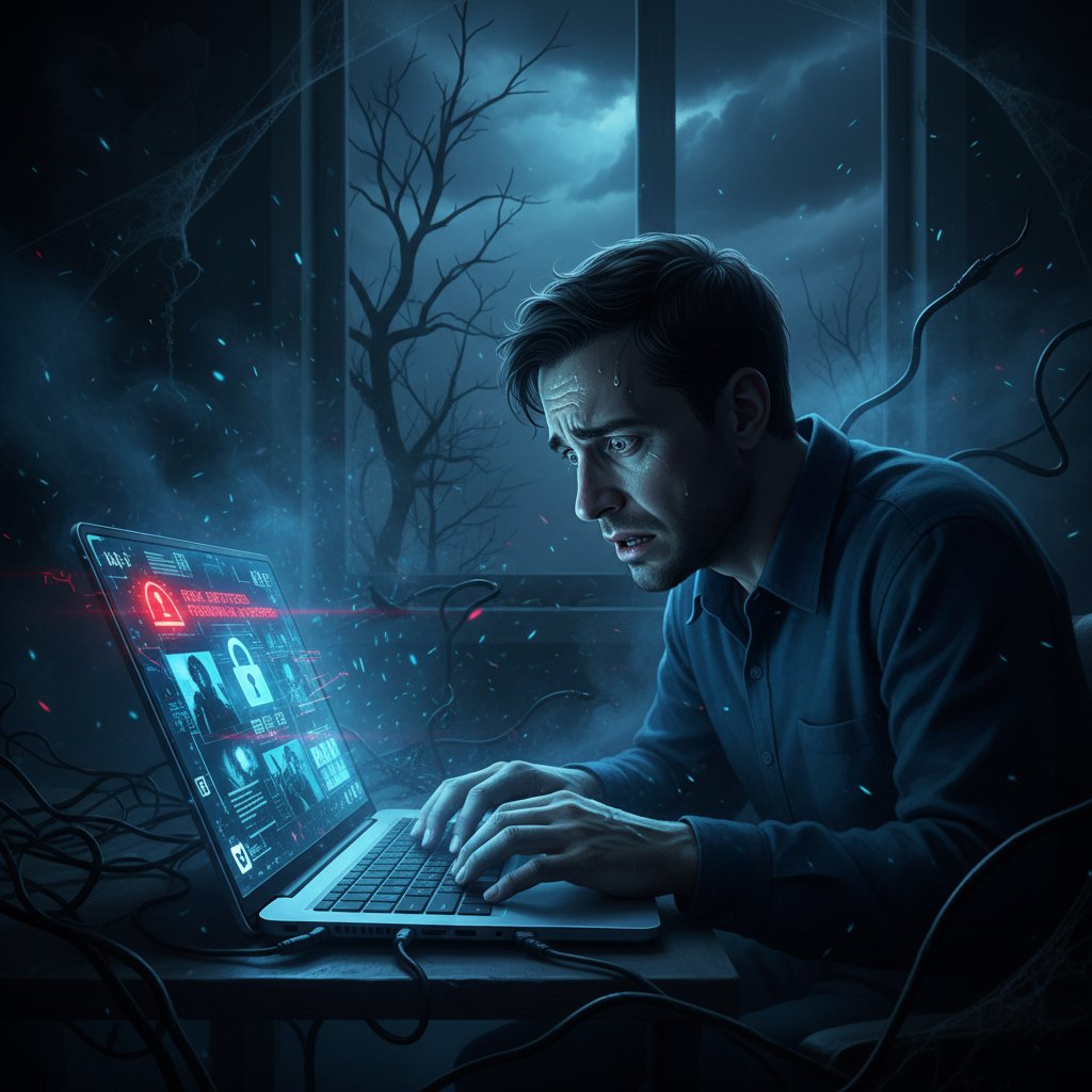 Osoba patrząca z niepokojem na ekran laptopa, ryzyka rozmów online, ciemny klimat
