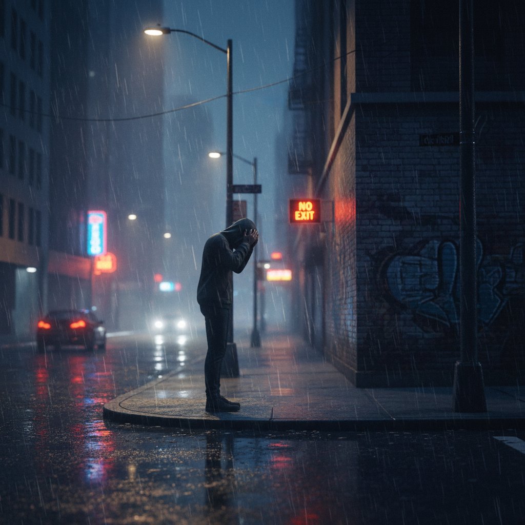 Osoba z objawami niepokoju siedząca samotnie w miejskiej scenerii – ilustracja skutków hooveringu