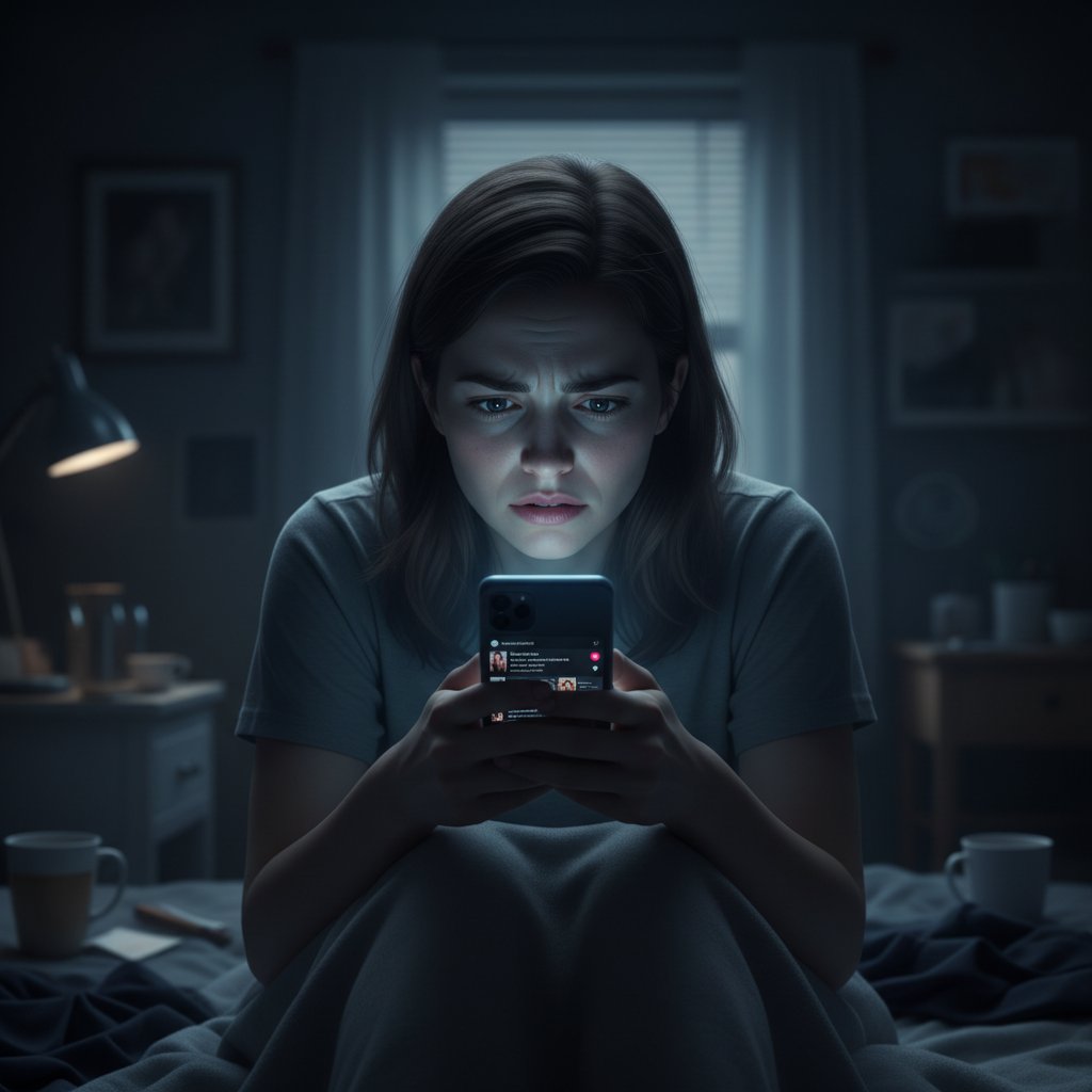 Osoba z niepokojem patrząca na telefon, symbolizująca stalking w social media