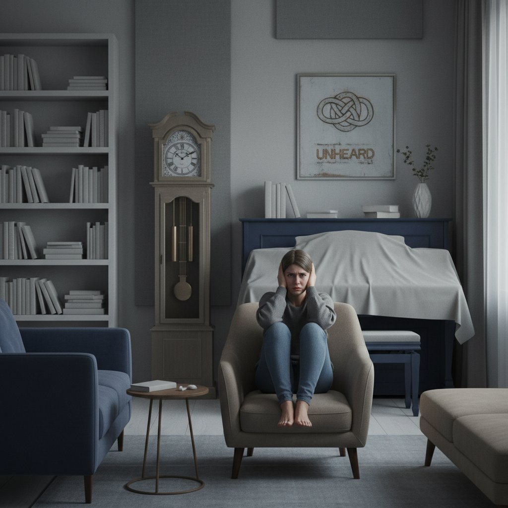 Osoba siedząca samotnie w mieszkaniu, wyciszona, z wyraźnym napięciem emocjonalnym, co symbolizuje społeczne tabu wokół psychogennej głuchoty