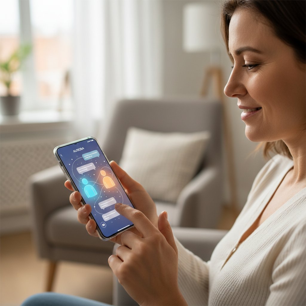 Osoba rozmawiająca przez aplikację z AI, wsparcie emocjonalne online