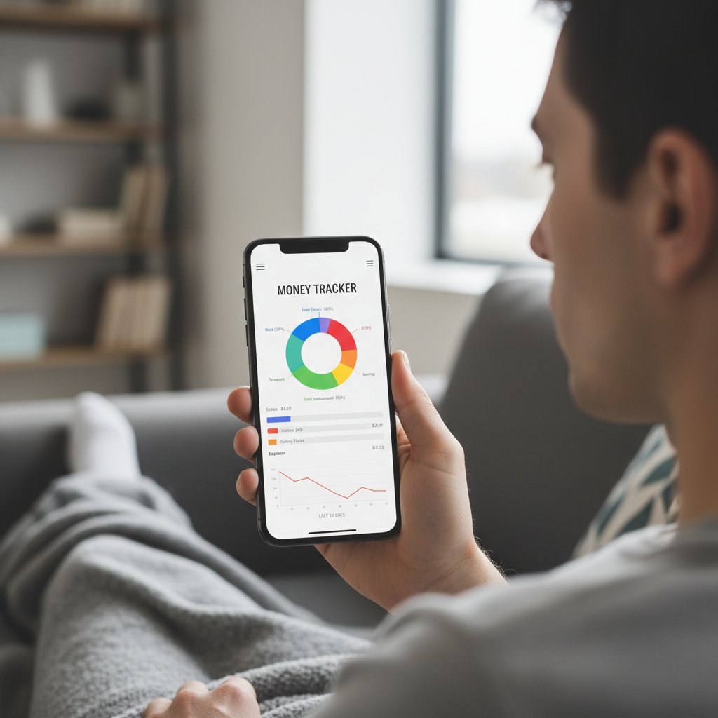 Osoba korzystająca z aplikacji monitorującej wydatki, ekran smartfona z wykresem