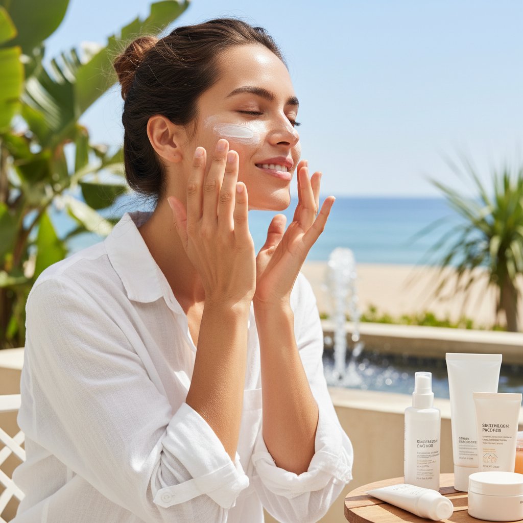 Zdjęcie osoby stosującej krem z filtrem na twarz w słoneczny dzień