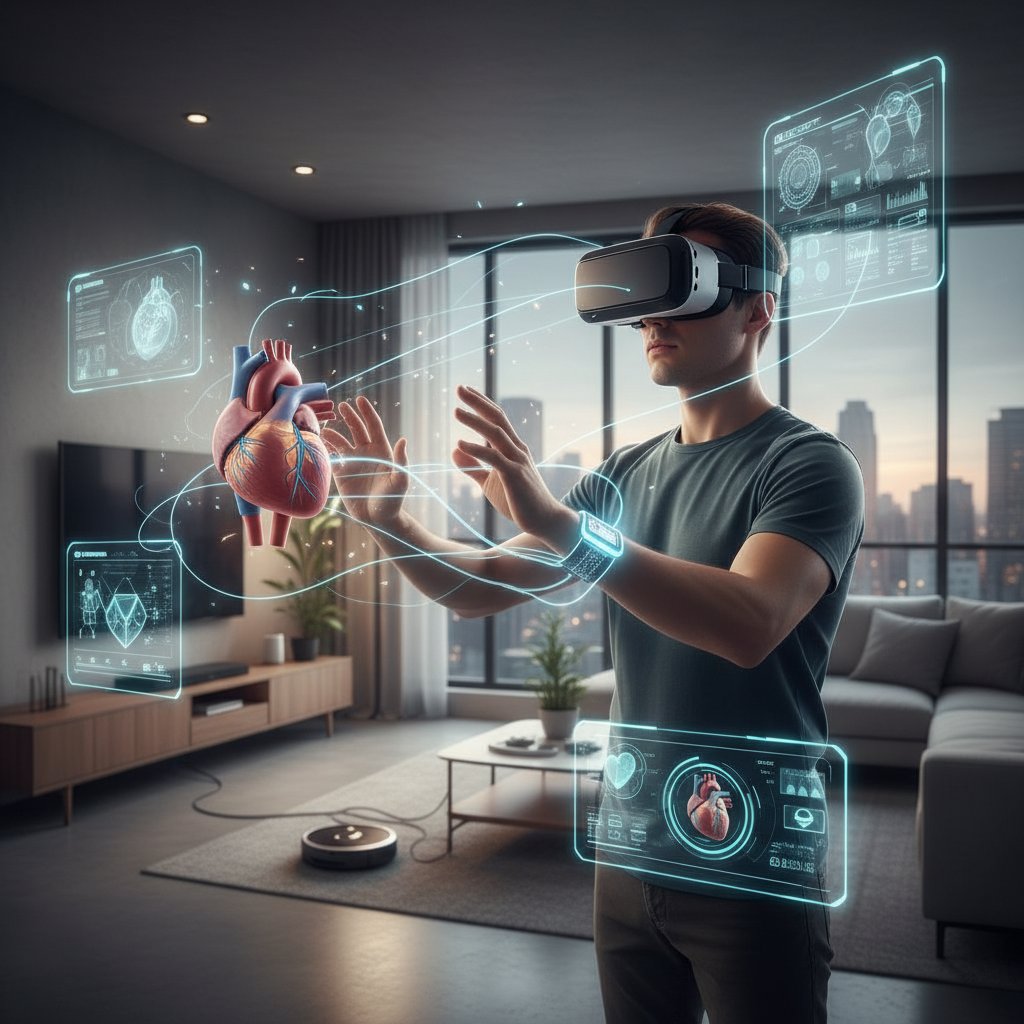 Osoba korzysta z symulacji medycznej w AR w domu, testując nowoczesną technologię edukacji zdrowotnej