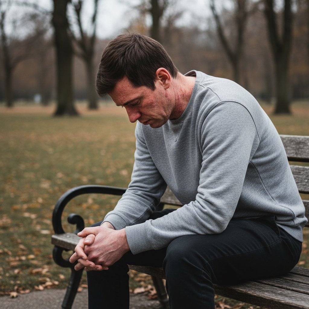 Osoba z atopią siedząca samotnie na ławce w parku, wyraz smutku, widoczne zmiany na skórze