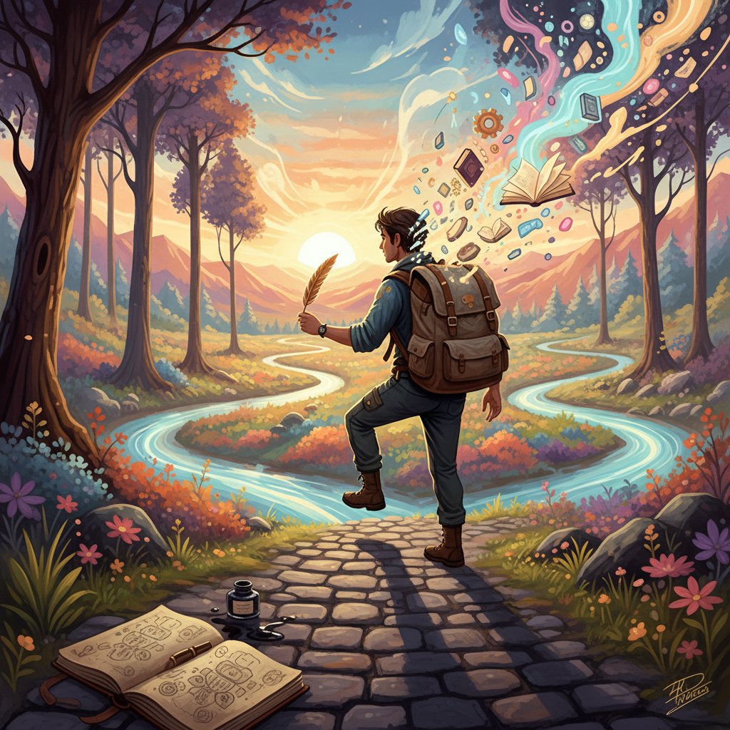 Osoba z plecakiem wyruszająca w podróż, symboliczny pierwszy krok na drodze do kreatywności