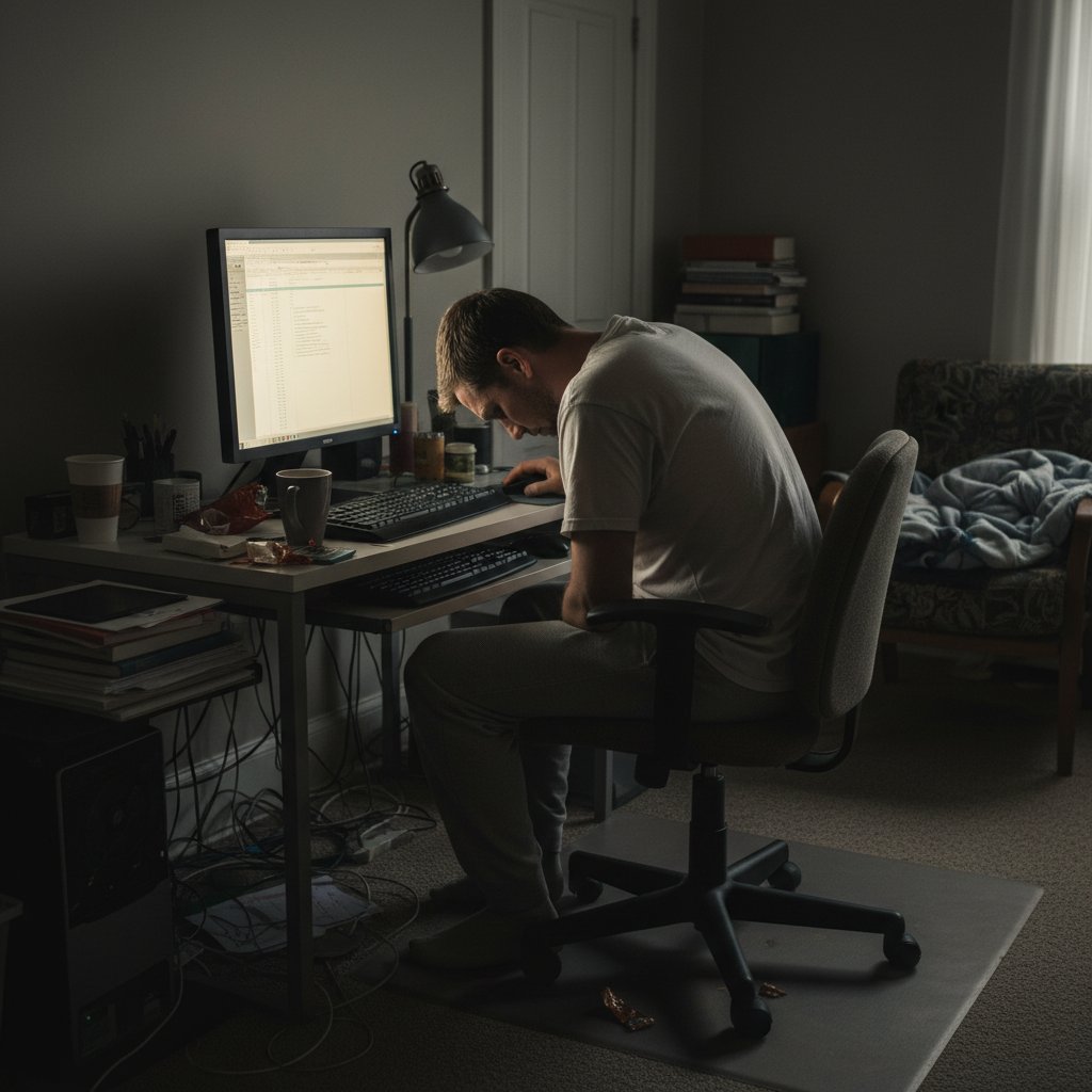 Człowiek siedzący w złej pozycji przy zbyt niskim monitorze