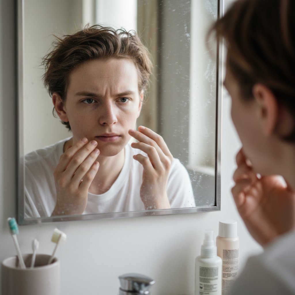 Samodzielna obserwacja bladości – osoba przed lustrem analizująca odcień skóry