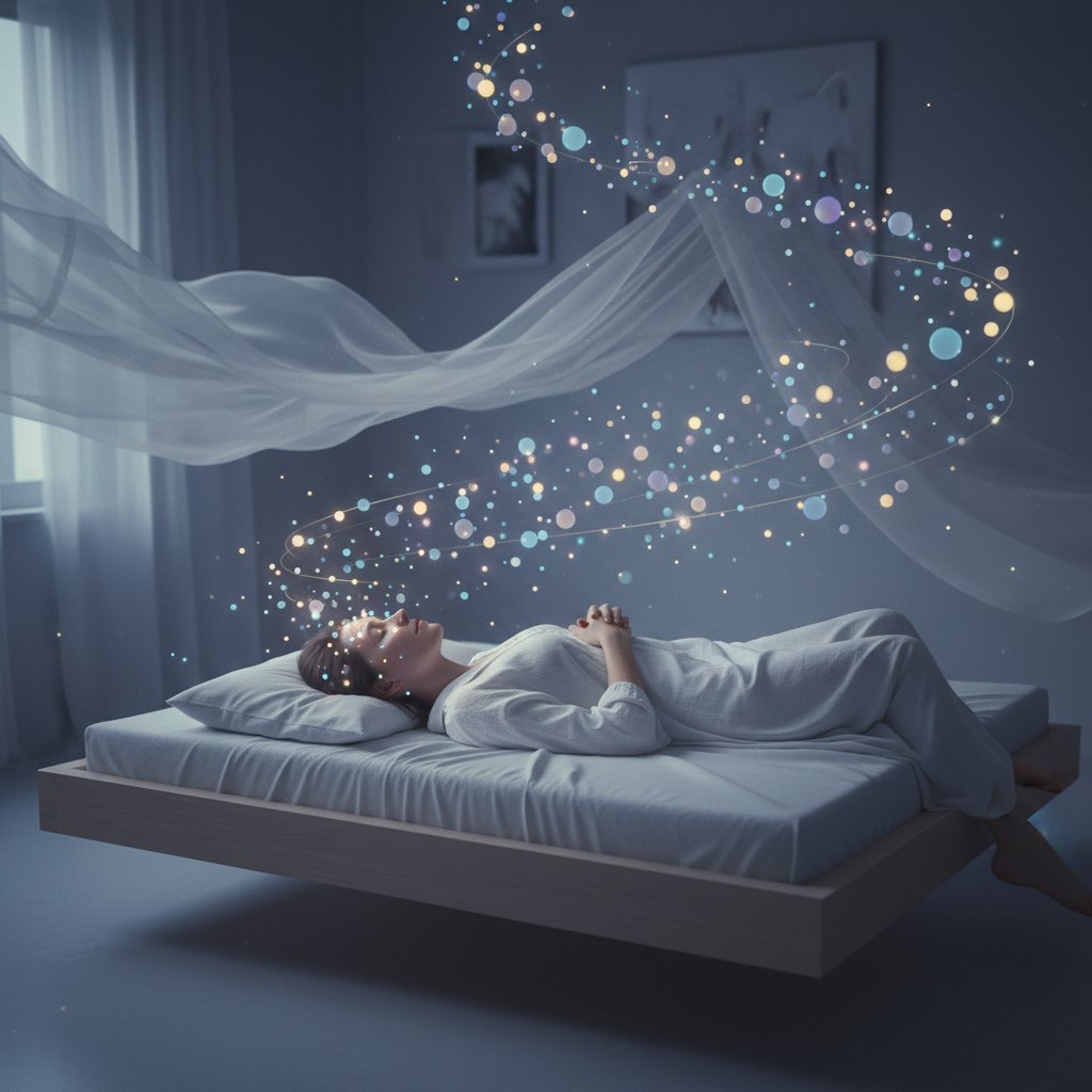 Osoba leżąca na łóżku, zamknięte oczy, wokół unoszą się kolorowe światła będące metaforą wizji sennych