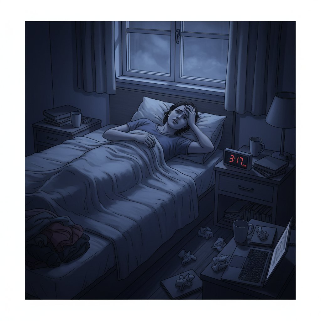 Młoda osoba siedzi w łóżku nocą, zamyślona, wyraźne oznaki bezsenności