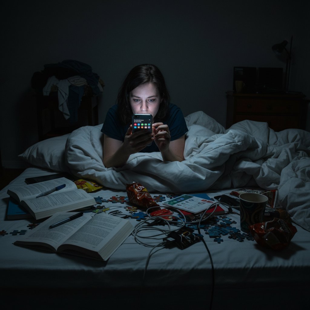 Osoba przeglądająca smartfona w łóżku, noc, ADHD, przebodźcowanie