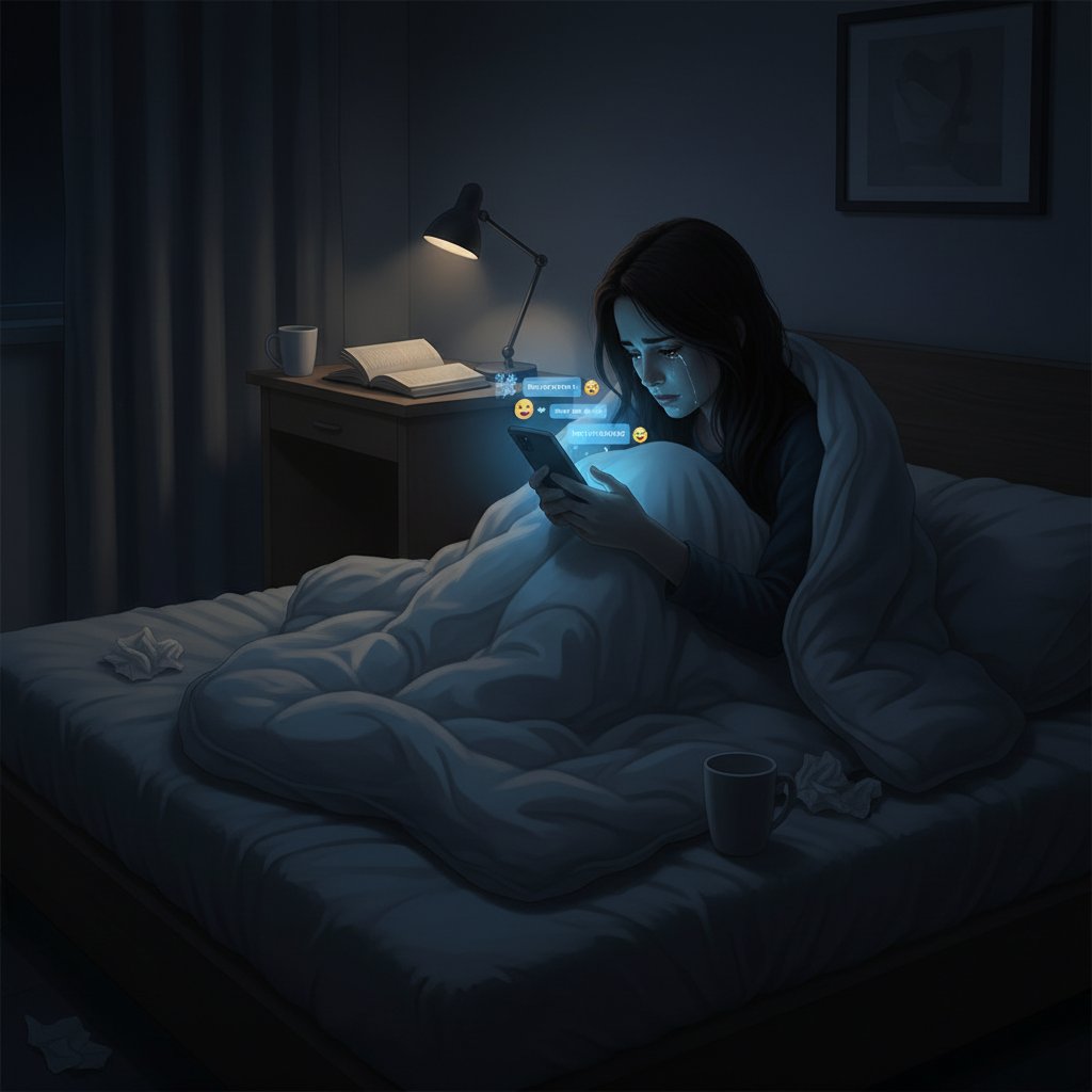 Person liegt nachts allein im Bett, das Smartphone erleuchtet das Gesicht, Ausdruck zwischen Trost und Leere