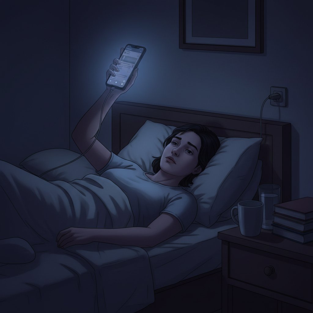 Osoba leżąca w łóżku z telefonem w ręku, z widocznym zmęczeniem na twarzy, symbolizująca wpływ rozmów na sen