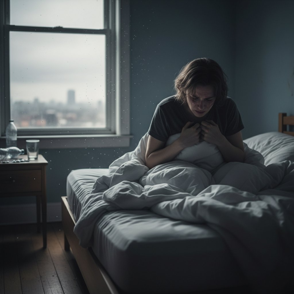 Osoba zwinięta w kłębek na łóżku, światło wpada przez okno, symbol niepokoju i bezradności