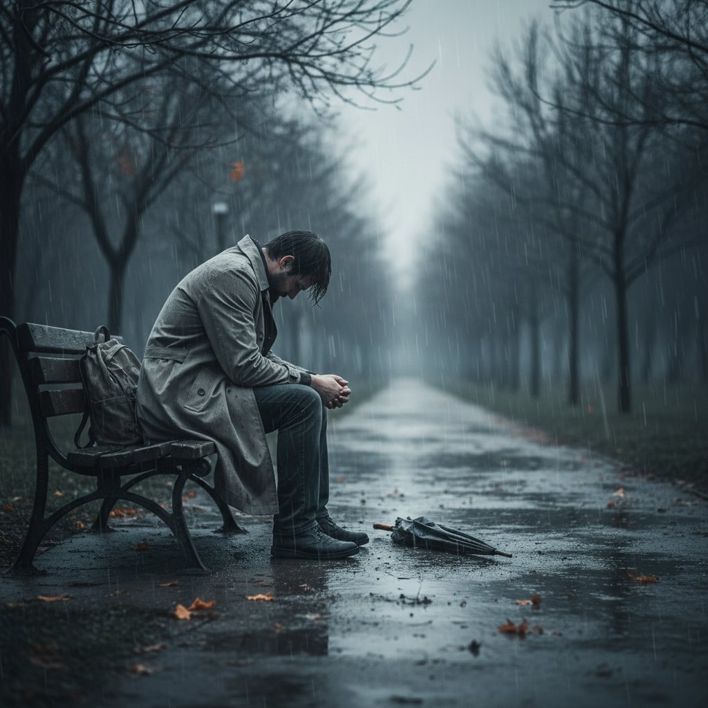 Osoba zamyślona siedząca samotnie na ławce, wyraźne poczucie osamotnienia i smutku