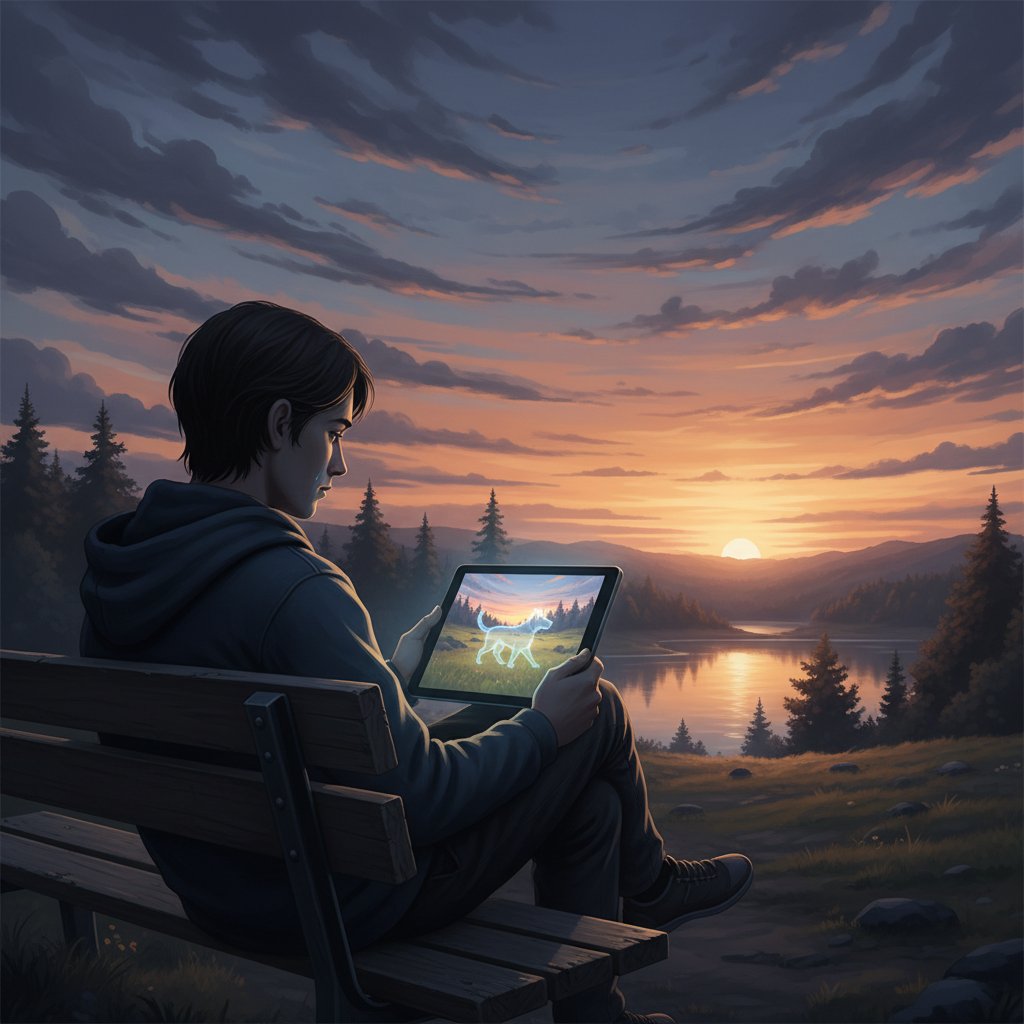 Osoba siedząca samotnie na ławce z tabletem, na ekranie wirtualny pies, melancholijny zachód słońca