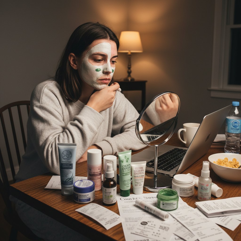 Osoba przeglądająca rachunki i kosmetyki do pielęgnacji twarzy na stole w domu