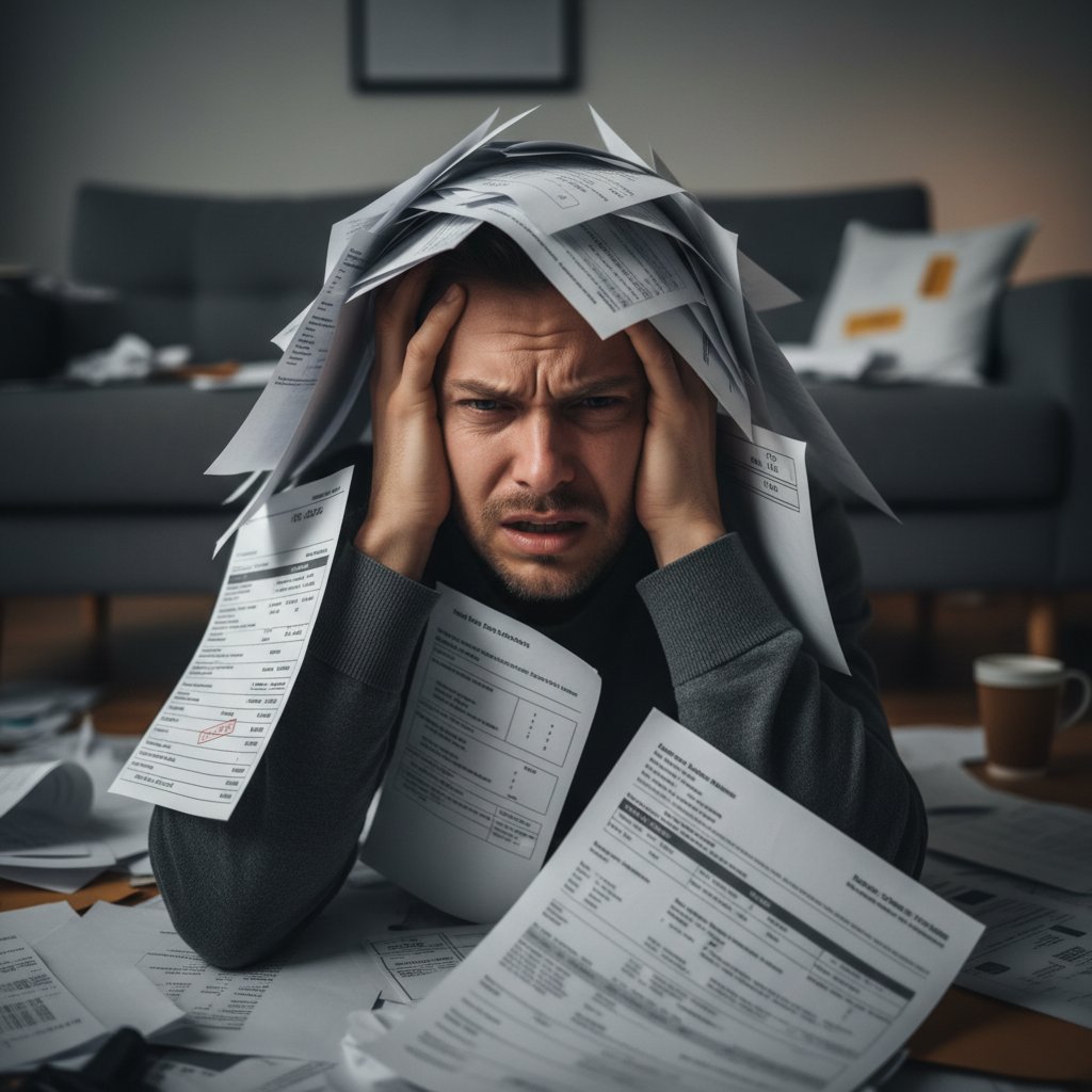 Osoba siedząca z dokumentami przy stole, analizująca rachunki i wydatki zdrowotne, symbol ekonomicznych kosztów przewlekłego zmęczenia