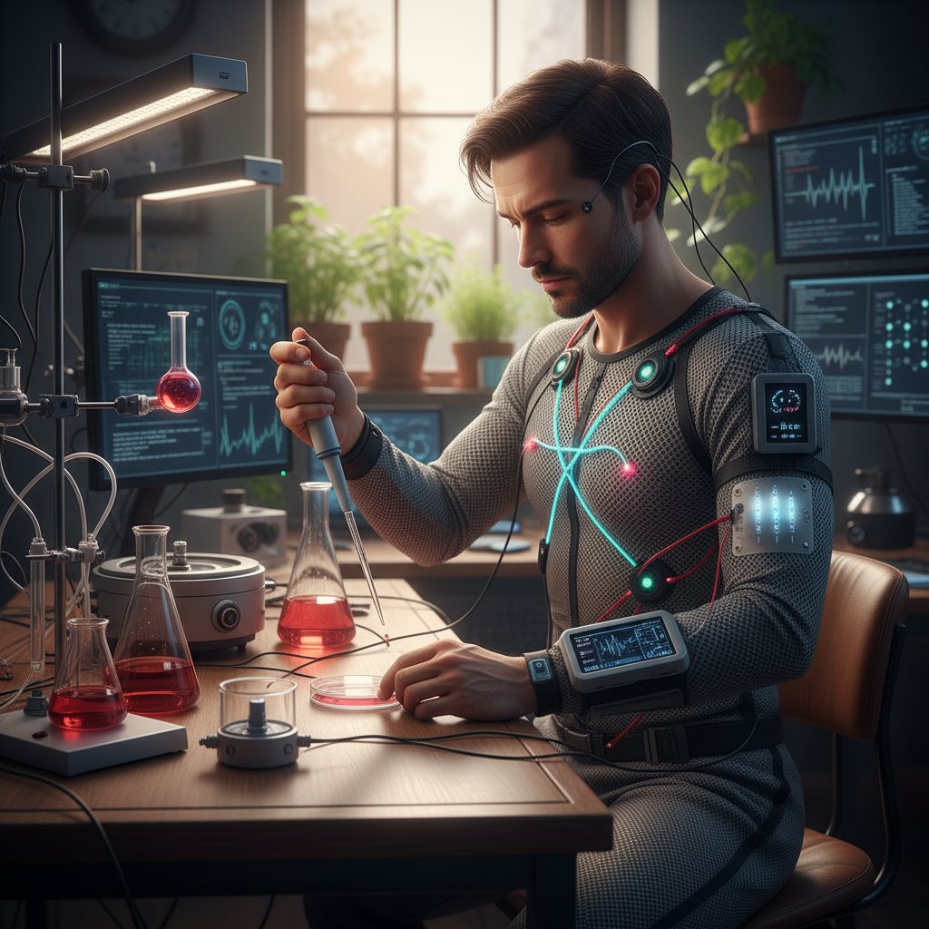 Zdjęcie osoby eksperymentującej z czujnikami do pomiaru parametrów życiowych w domu