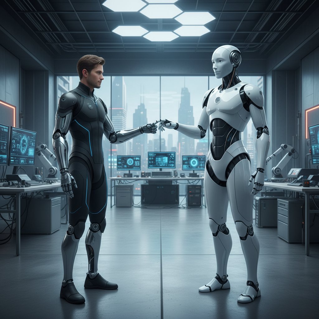 Osoba z bioniczną protezą dłoni, robot humanoidalny obok, nowoczesne laboratorium