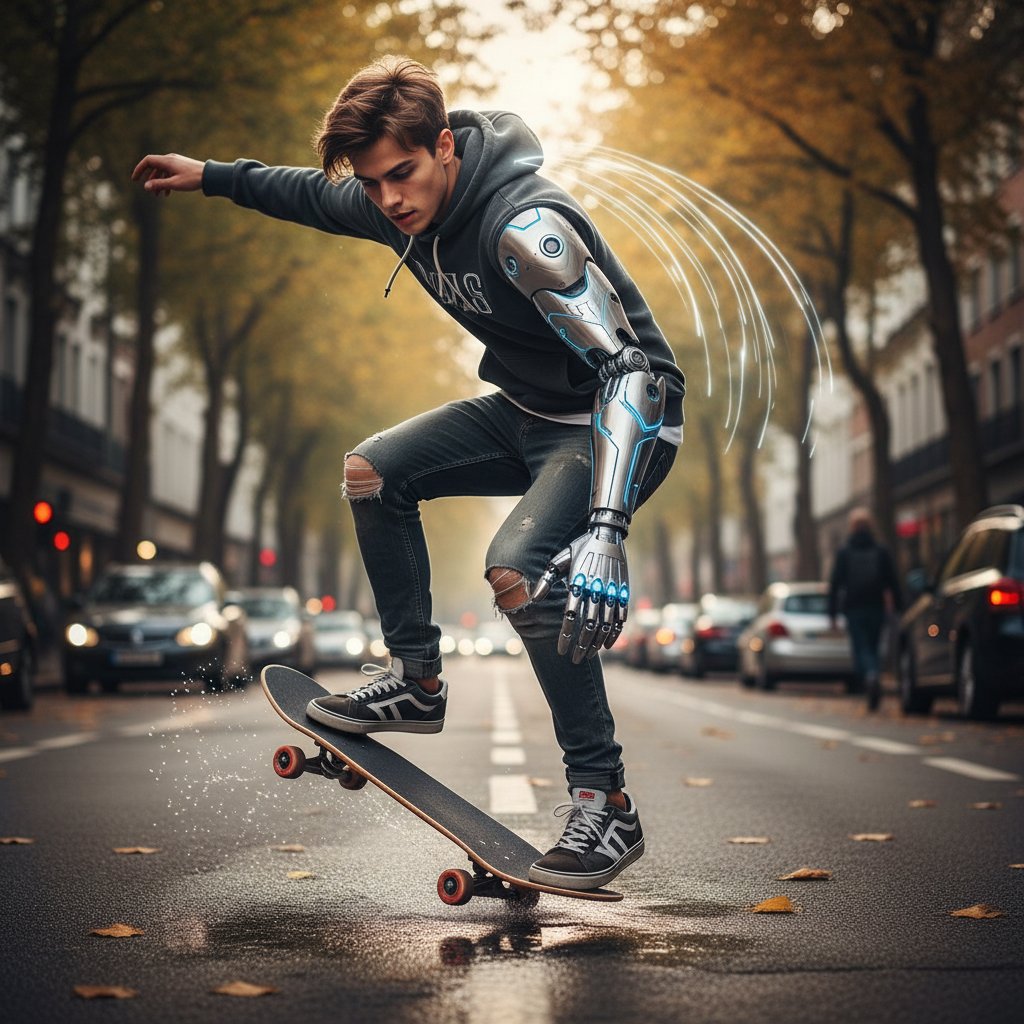 Osoba z nowoczesną protezą bionicznej ręki podczas codziennych czynności, dynamiczne ujęcie